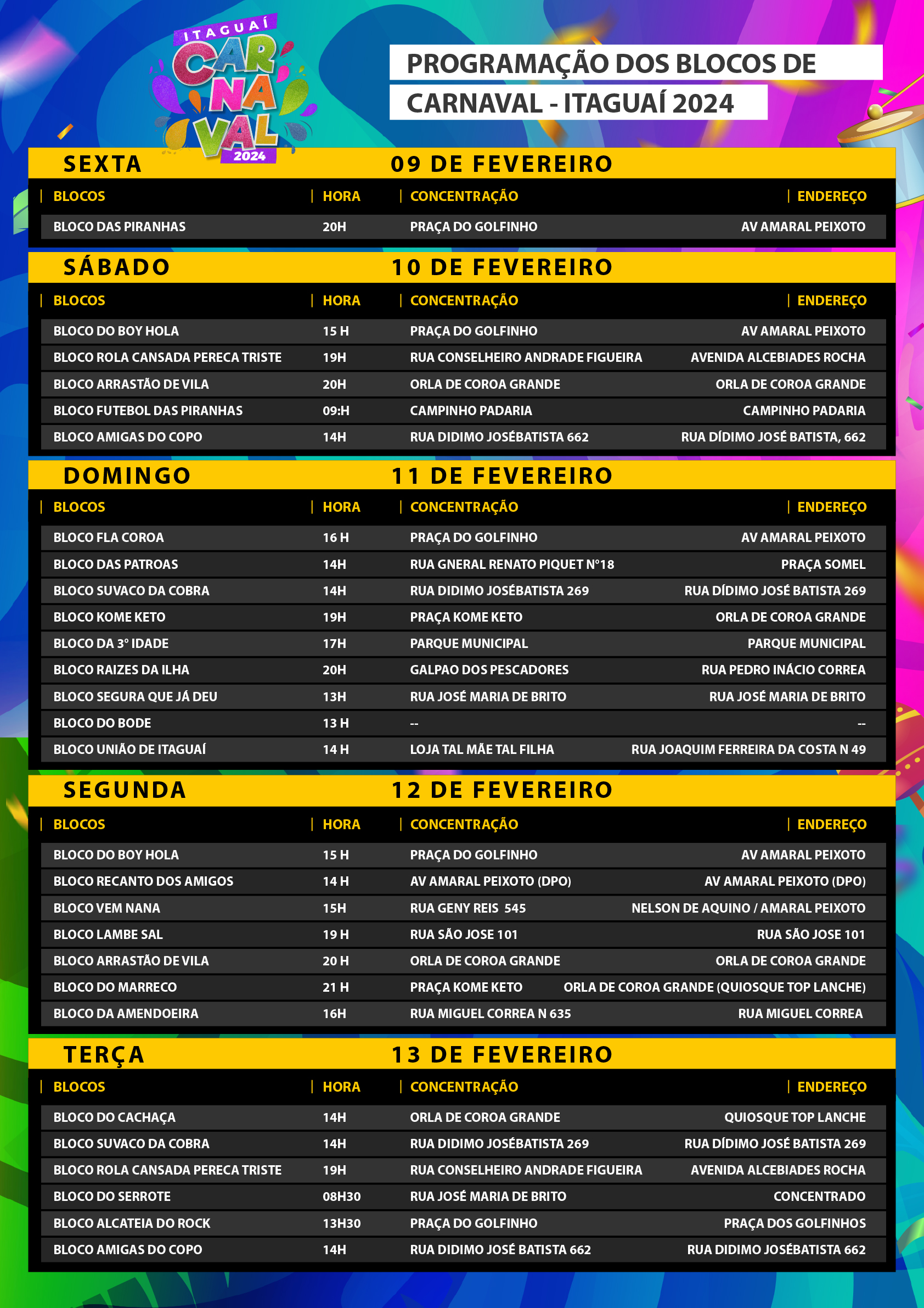 Programação dos Blocos de Carnaval 2024